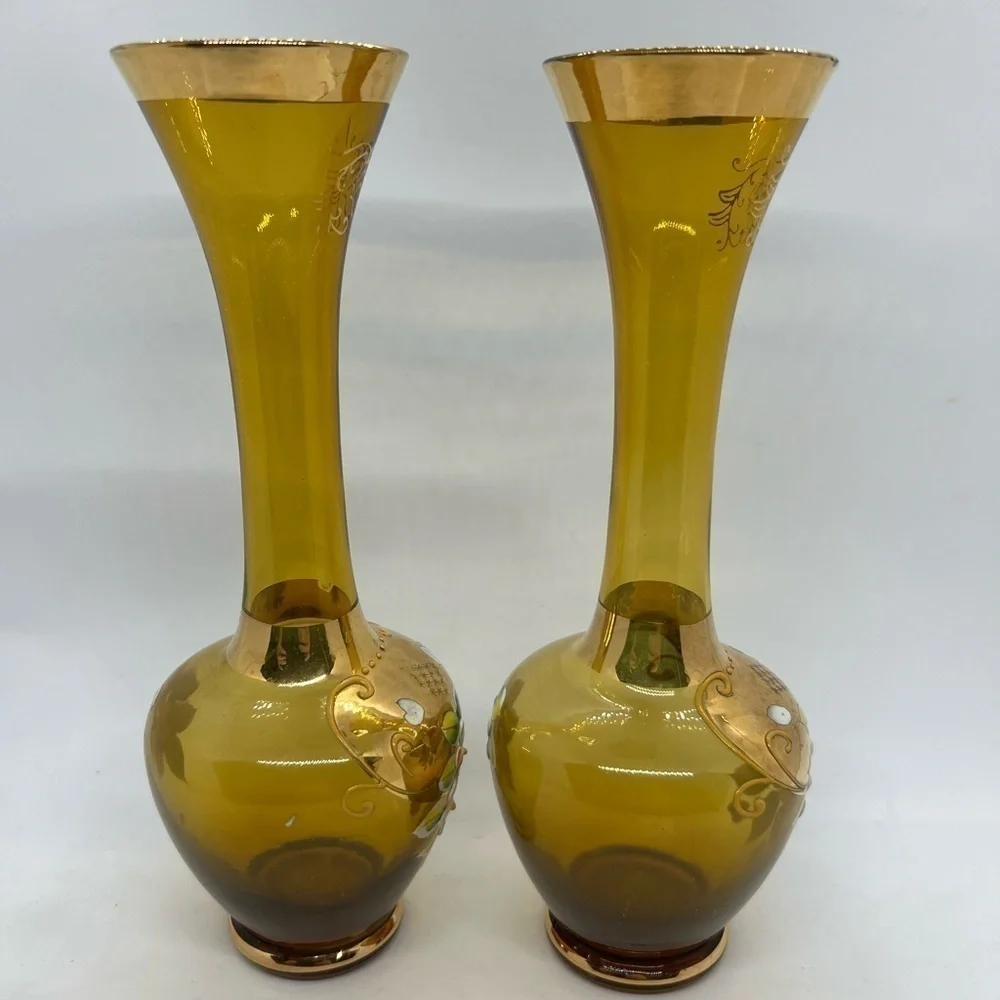 Pair of Vintage Norleans Japan Amber Vases Hand Painted Flowers and Gold Accents